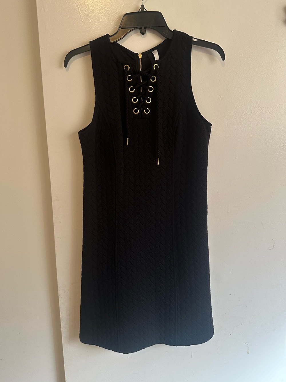 Kensie Black Sleeveless Lace-Up Knit Shift Dress with Gold Eyelets